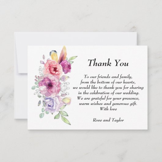 フローラ紫、紫およびピンクの水色の花 サンキューカード (正面)