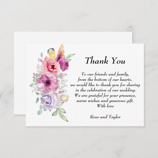 フローラ紫、紫およびピンクの水色の花 サンキューカード (正面/裏面)