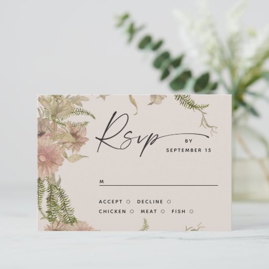 フローラ結婚とシダのインサート暖かいアイボリー植物学 出欠カード (スタンド正面)