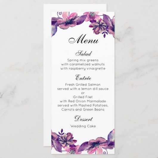 フローラ結婚のディナーメニュー紫フラワーメニューカード メニュー (正面/裏面)