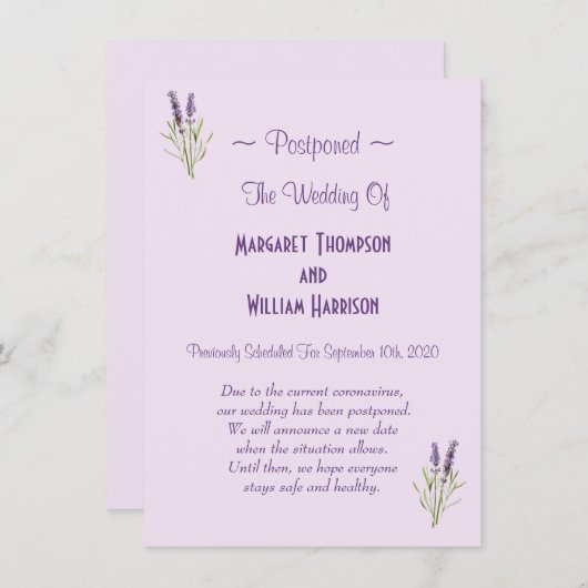 フローラ結婚の延期 – ウイルスCOVID-19 招待状 (正面/裏面)