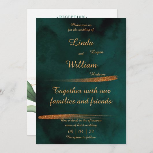 フローラ結婚の深いシーダークグリーン&金ゴールド シーズンカード (正面/裏面)