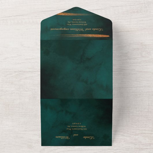 フローラ結婚の深い水の色ダークグリーンシー オールインワン招待状 (外側)