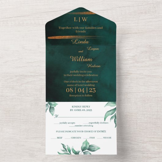 フローラ結婚の深い水の色ダークグリーンシー オールインワン招待状 (内側)
