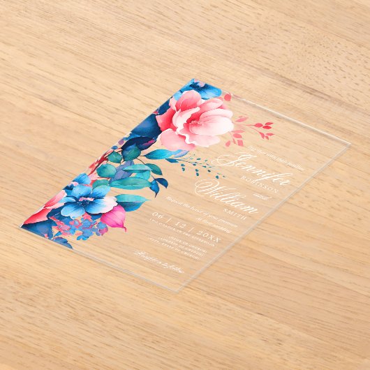 フローラ結婚スエレガントスクリプトタイポグラフィブルーピンク アクリル招待状 (レイダウン)