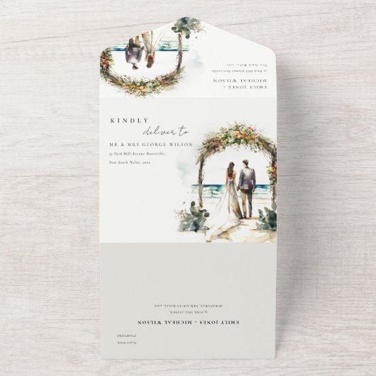 フローラ結婚ズアーチコーストビーチシースケープズ結婚ス オールインワン招待状 (外側)