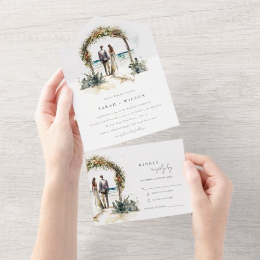 フローラ結婚ズアーチコーストビーチシースケープズ結婚ス オールインワン招待状 (貼ってはがせる)