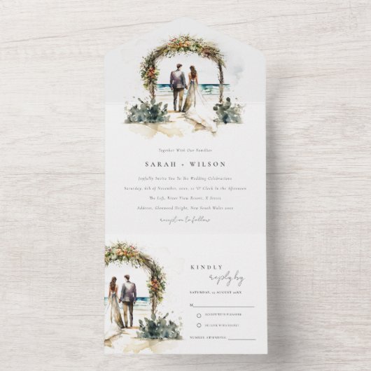 フローラ結婚ズアーチコーストビーチシースケープズ結婚ス オールインワン招待状 (内側)