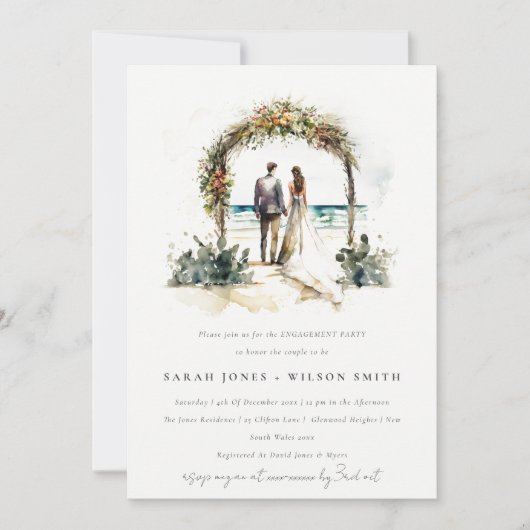 フローラ結婚ズアーチビーチシースケープ婚約 招待状 (正面)