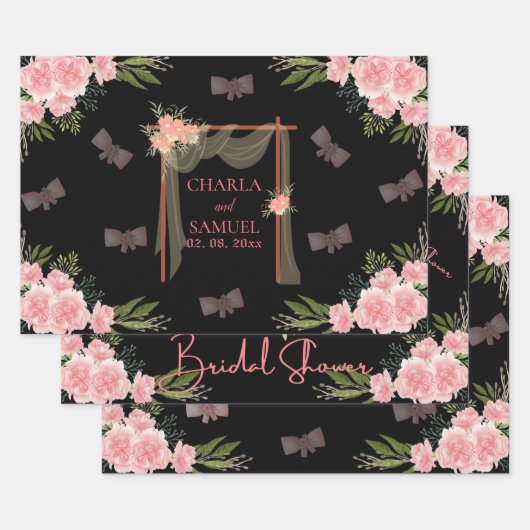 フローラ結婚ズゲートブライダルシャワーブラック ラッピングペーパーシート (セット)