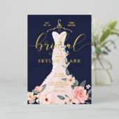 フローラ結婚ズドレスネイビーブライダルシャワー招待 箔招待状 (立ち正面)