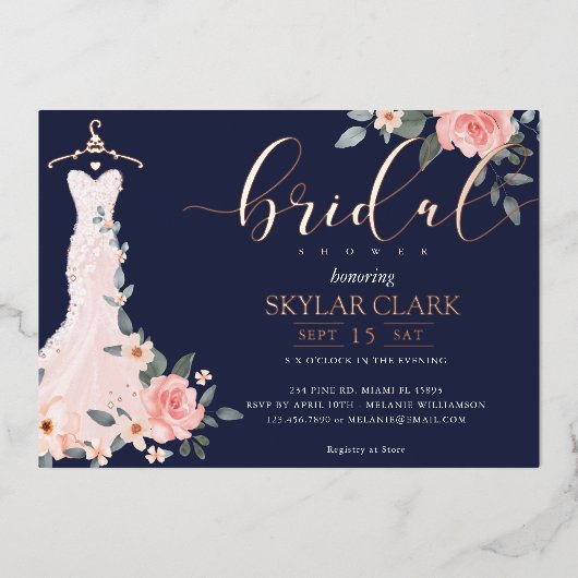 フローラ結婚ズドレスネービーブライダルシャワー 箔招待状 (正面)
