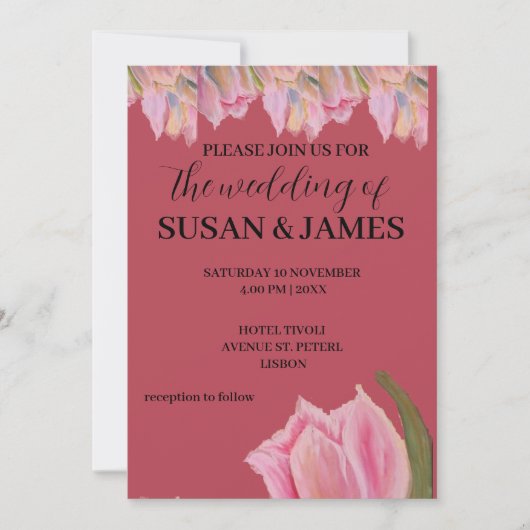 フローラ結婚ピンクのチューリップのマゼンタ招待状 招待状 (正面)