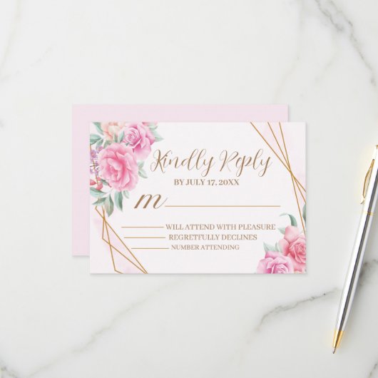 フローラ結婚ピンク 出欠カード (正面/裏面インサイチュ)