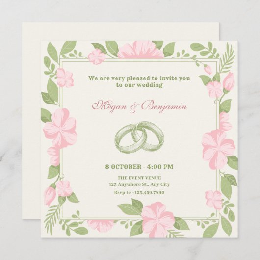 フローラ結婚リングのピンクの緑のパステル色 招待状 (正面/裏面)