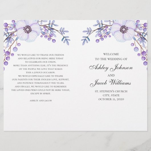 フローラ結婚式のプログラムを折った。紫の花 (正面)