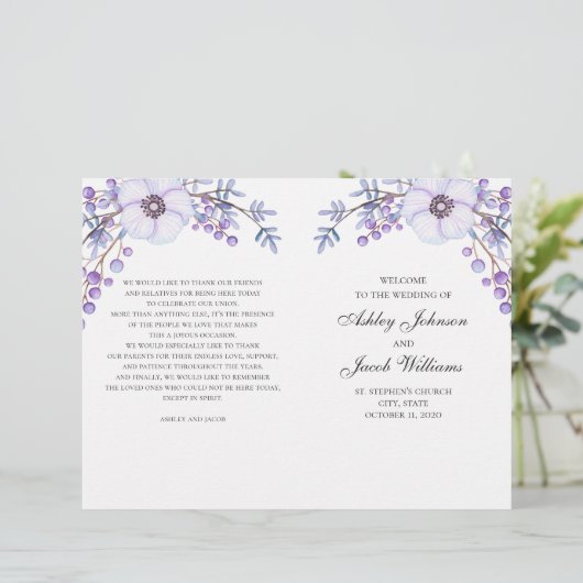 フローラ結婚式のプログラムを折った。紫の花 (スタンド正面)