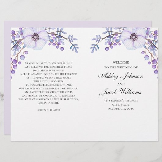 フローラ結婚式のプログラムを折った。紫の花 (正面/裏面)