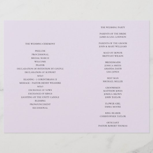 フローラ結婚式のプログラムを折った。紫の花 (裏面)