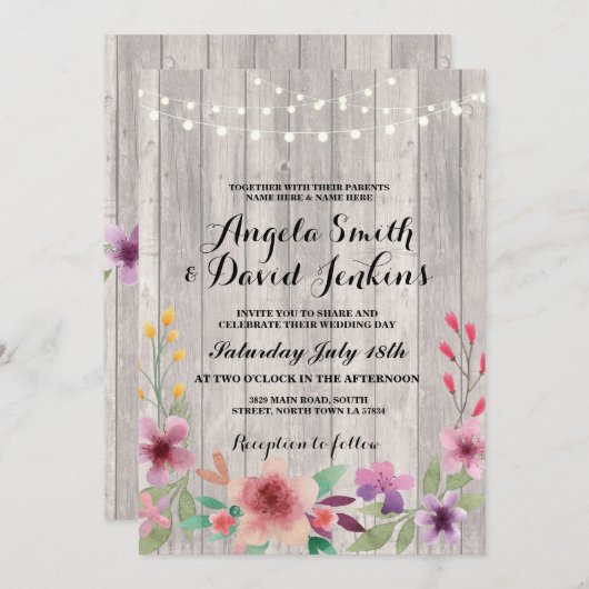 フローラ結婚式招待状ウッド素朴ライト 招待状 (正面/裏面)