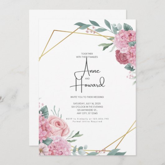 フローラ結婚式招待状テンプレートシンプル、エレガント 招待状 (正面/裏面)