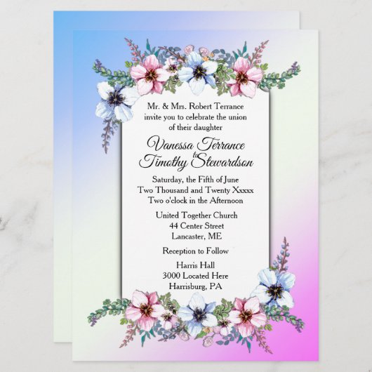 フローラ結婚式招待状デュアルブルー/ピンク 招待状 (正面/裏面)
