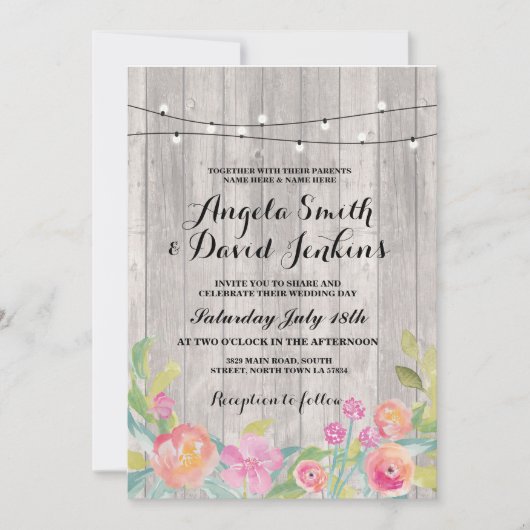 フローラ結婚式招待状素朴木製糸灯 招待状 (正面)