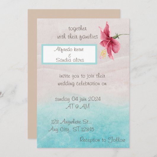 フローラ結婚式招待状（ベージュとブルー） 招待状 (正面/裏面)