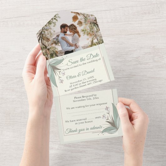 フローラ結婚式招待状 – 写真の日付を保存 オールインワン招待状 (貼ってはがせる)