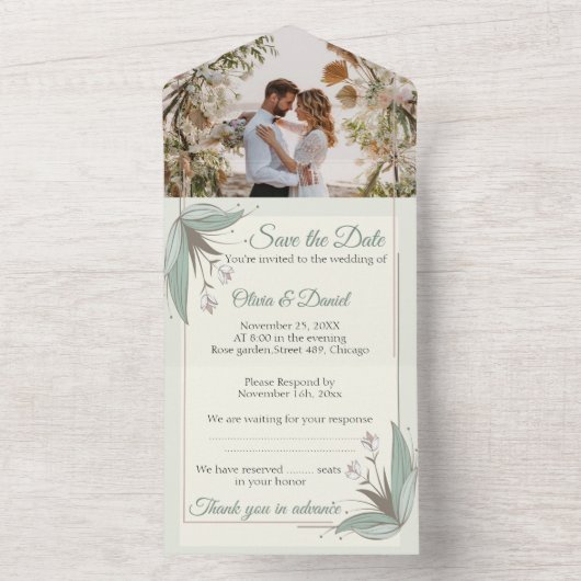 フローラ結婚式招待状 – 写真の日付を保存 オールインワン招待状 (内側)