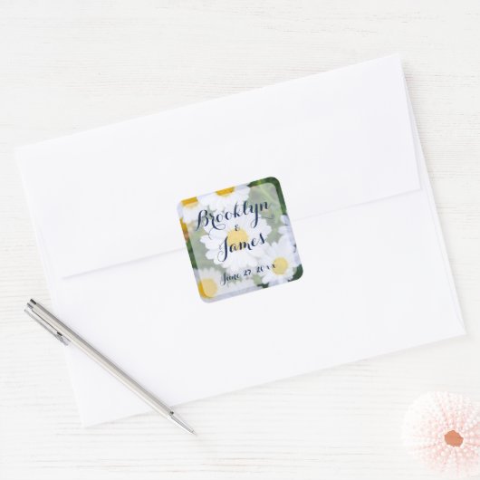 フローラ結婚式用シールと白デイジー スクエアシール (封筒)