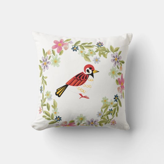 フローラ絵を描アートと鳥スケッチ クッション (正面)