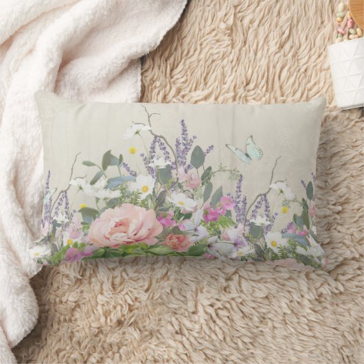 フローラ絵を描ピックピーニー蝶素朴木材 ランバークッション (ブランケット)