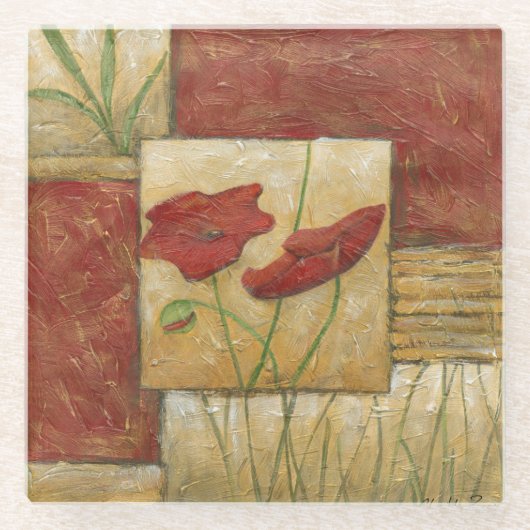 フローラ絵画と可視ブラシストローク ガラスコースター (正面)