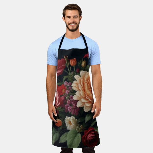 フローラ絵画ブーケの背景（暗） エプロン (着用した状態)