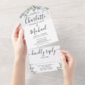 フローラ緑のスクリプト結婚モノグラム オールインワン招待状 (貼ってはがせる)