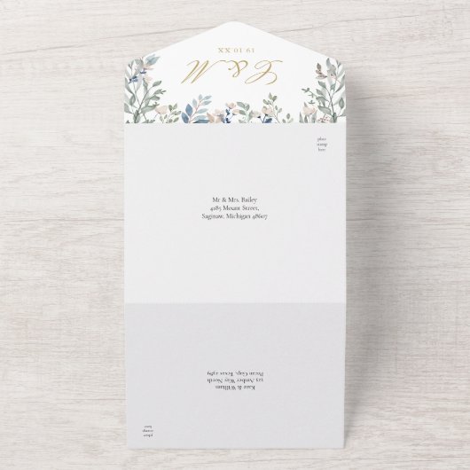 フローラ緑地カスケードエレガント金ゴールド結婚ズ オールインワン招待状 (外側)