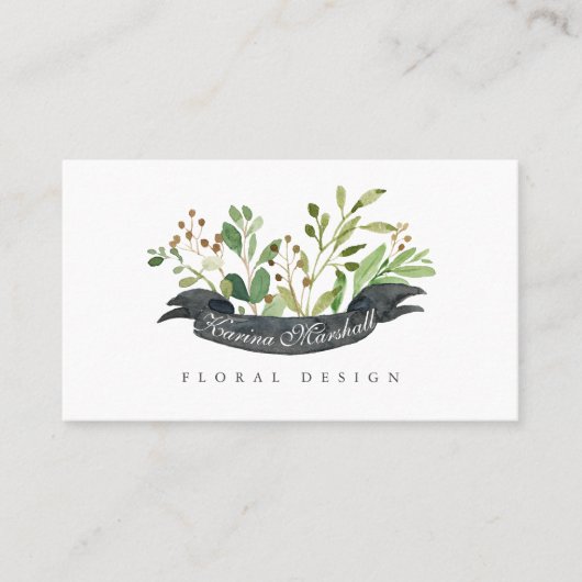フローラ緑水彩カスタムルックリボン 名刺 (正面)