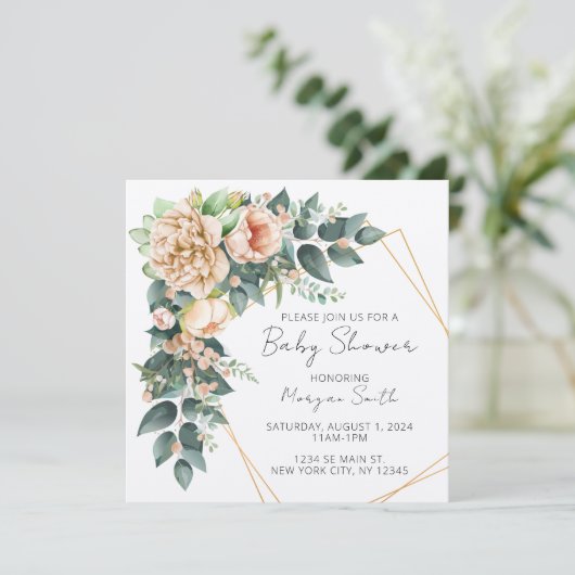 フローラ緑色幾何学赤ちゃんシャワー招待状 招待状 (スタンド正面)