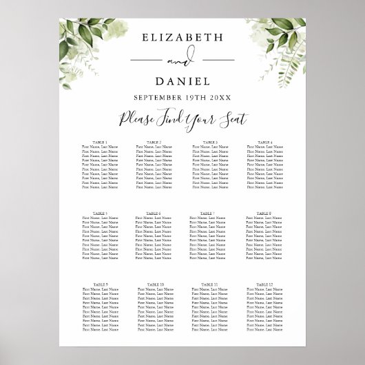 フローラ緑豊かなエレガントな結婚式座席表 ポスター (正面)