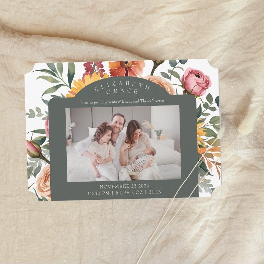 フローラ縁ど横向け写真の誕生のお知らせ 招待状