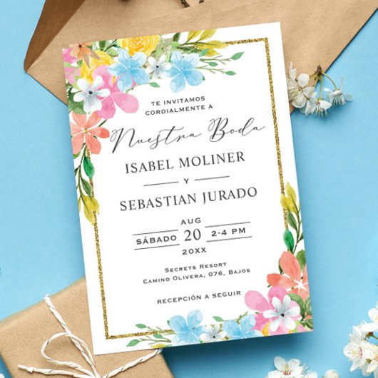 フローラ縁ど金ゴールドヌエストラスペインのボダ結婚ズ 招待状