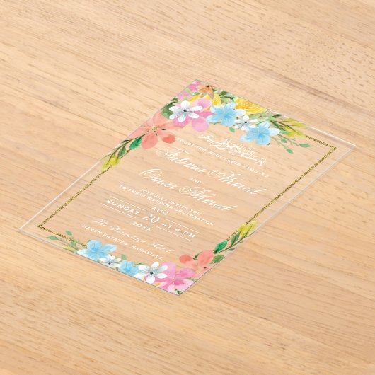 フローラ縁ど金ゴールド白イスラム結婚教徒 アクリル招待状 (レイダウン)