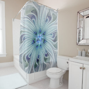 フローラ美しい抽象芸術モダンブルーパステルフラワー シャワーカーテン