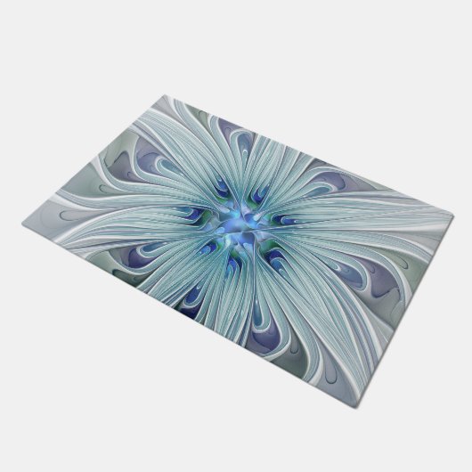 フローラ美しい抽象芸術モダンブルーパステルフラワー ドアマット (アングル)