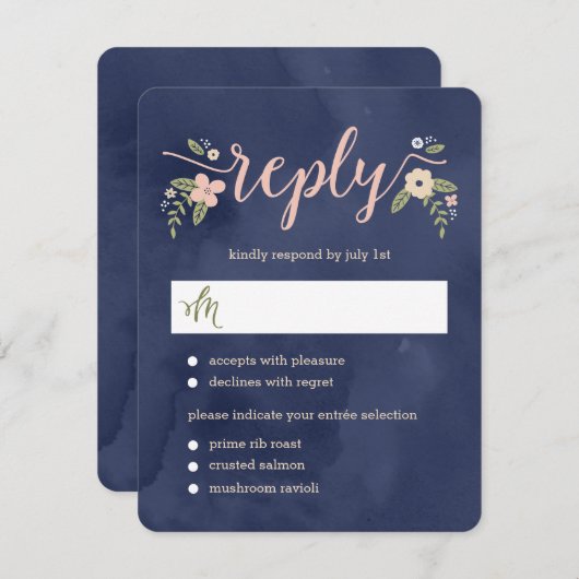 フローラ美しい編集可能カラーウェディングRSVPカード 出欠カード (正面/裏面)