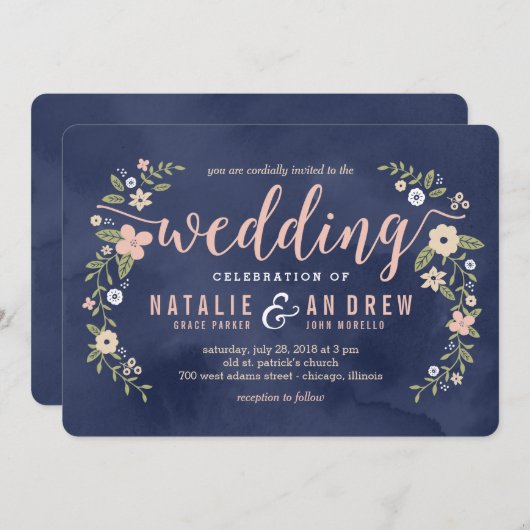 フローラ美しい編集可能カラー結婚式招待状 招待状 (正面/裏面)