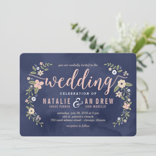 フローラ美しい編集可能カラー結婚式招待状 招待状 (スタンド正面)