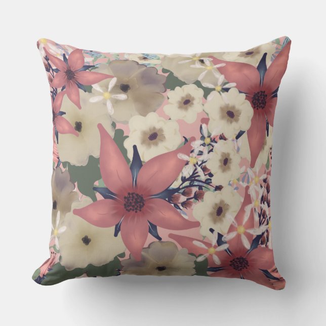 フローラ美しい |コーラルピンクとネイビーの花 アウトドアクッション (正面)