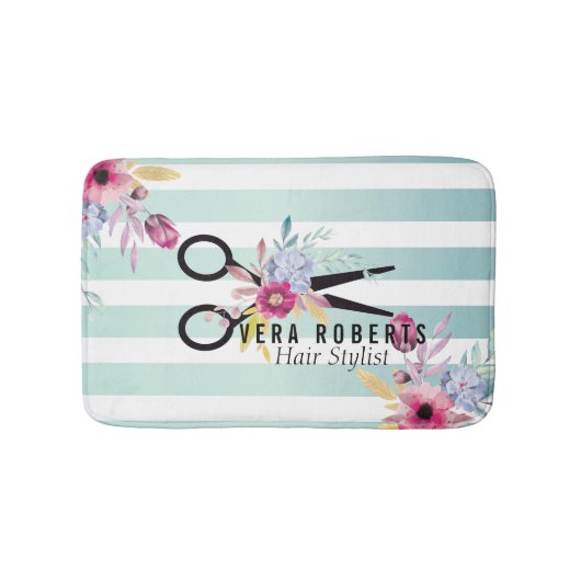 フローラ美容師金ゴールドシザー&美しい ストライプの バスマット (正面)